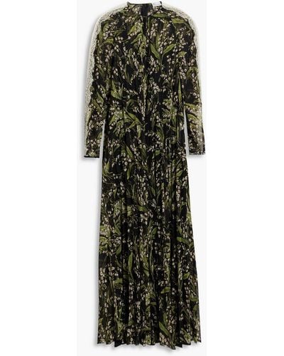 RED Valentino Lace-trimmed Pleated Floral-print Chiffon Maxi Dress - Green
