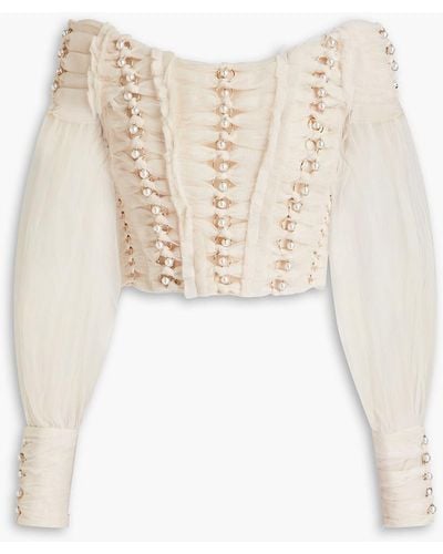 Zimmermann Off-the-shoulder Cropped Embellished Tulle Top - White