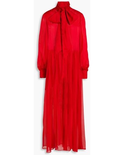 Huishan Zhang Pussy-bow Satin-paneled Silk-voile Maxi Shirt Dress - Red