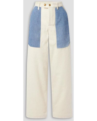 B Sides Cotton-flannel And Denim Straight-leg Pants - Blue
