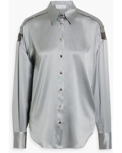 Brunello Cucinelli Oversized Bead-embellished Stretch-silk Satin Shirt - Gray