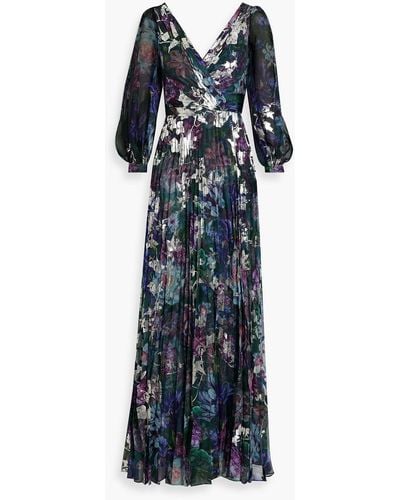 Marchesa Cutout Metallic Floral-print Chiffon Gown - Blue