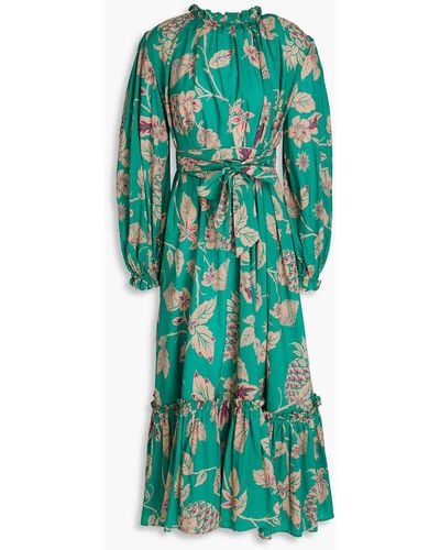 LEO LIN Gathered Belted Floral-print Cotton Midi Dress - Green