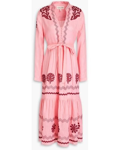Saloni Alexia Embroidered Linen Midi Dress - Pink