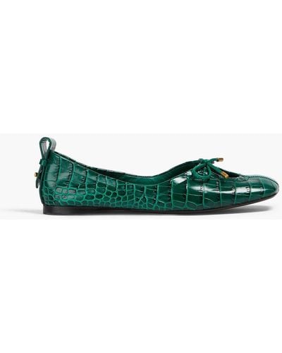 FRAME Le Sunset Bow-detailed Croc-effect Leather Ballet Flats - Green