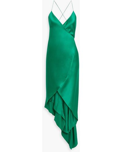 Michelle Mason Asymmetric Silk-satin Maxi Wrap Dress - Green