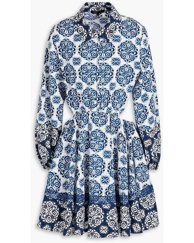 Maje Cutout Printed Cotton Mini Shirt Dress - Blue