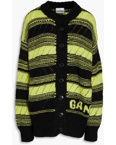 Ganni Two-tone Pointelle-knit Wool Cardigan - Black