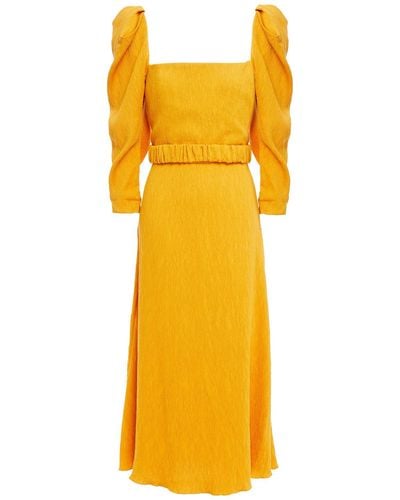 Johanna Ortiz Lotus And Beetle Belted Textured Woven Midi Dress - Yellow