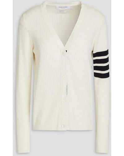 Thom Browne Striped Ribbed Pointelle-knit Cotton And Silk-blend Cardigan - Natural