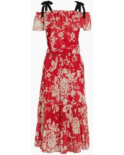 RED Valentino Cold-shoulder Pleated Perforated Floral-print Jersey Midi Dress - Red