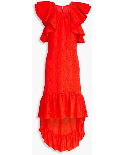 AMUR Ruffled Floral-jacquard Dress - Red