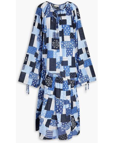 By Malene Birger Gathered Printed Cotton-mousseline Midi Dress - Blue