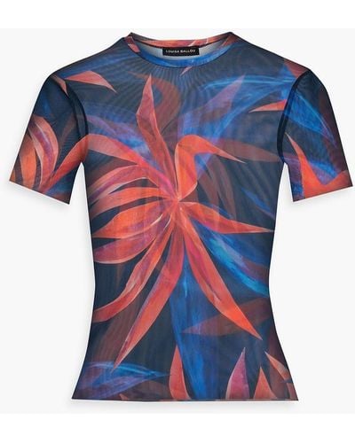 Louisa Ballou Floral-print Stretch-mesh T-shirt - Blue