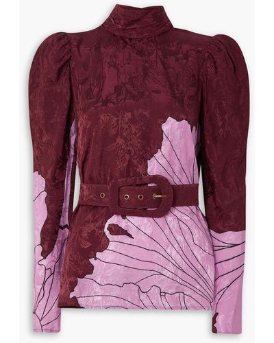 Johanna Ortiz Illusional Perspective Belted Cutout Floral-print Satin-jacquard Blouse - Purple