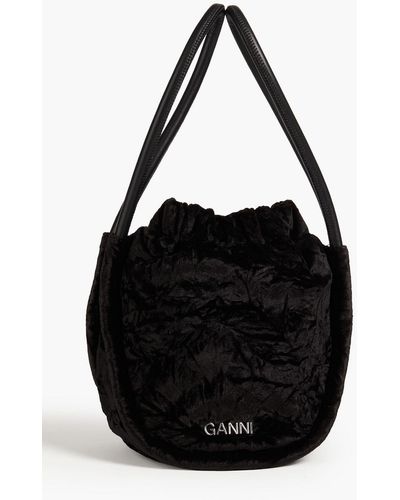 Ganni Crinkled Velvet And Faux Leather Bucket Bag - Black