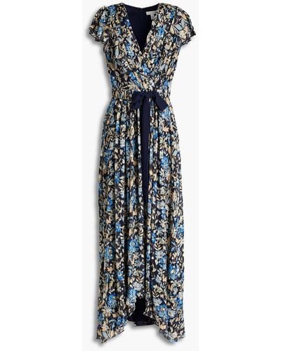 ML Monique Lhuillier Ruffled Floral-print Metallic Fil Coupé Midi Dress - Blue