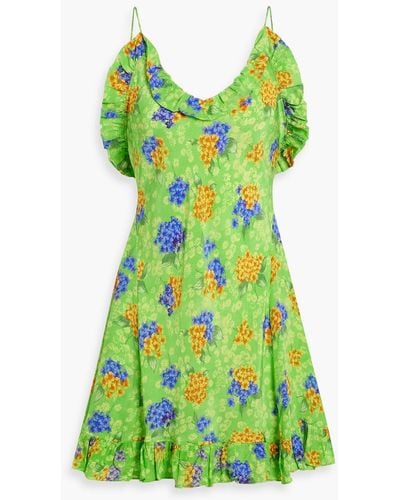 Les Rêveries Ruffled Floral-print Silk Crepe De Chine Mini Dress - Green