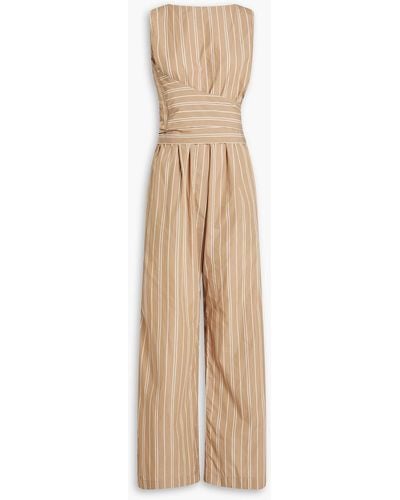 Brunello Cucinelli Bead-embellished Striped Cotton-poplin Wide-leg Jumpsuit - Natural