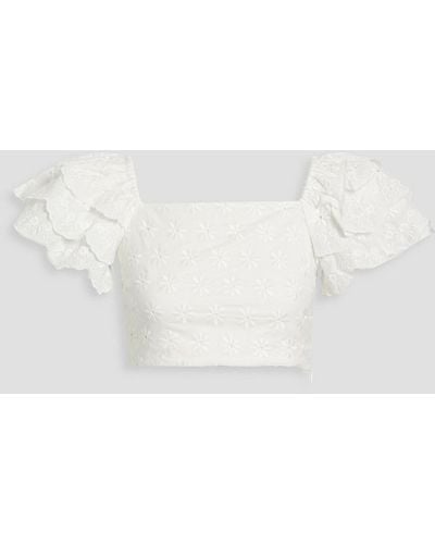 Caroline Constas Cropped Ruffled Broderie Anglaise Cotton Top - White