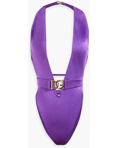 Dolce & Gabbana Belted Stretch-satin Swimsuit - Purple