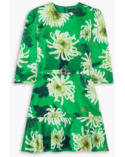 Andrew Gn Embellished Belted Floral-print Silk-satin Mini Dress - Green