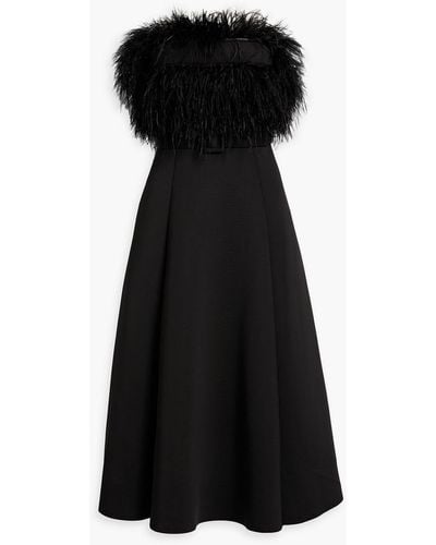 Badgley Mischka Strapless Belted Faux Feather-embellished Scuba Midi Dress - Black