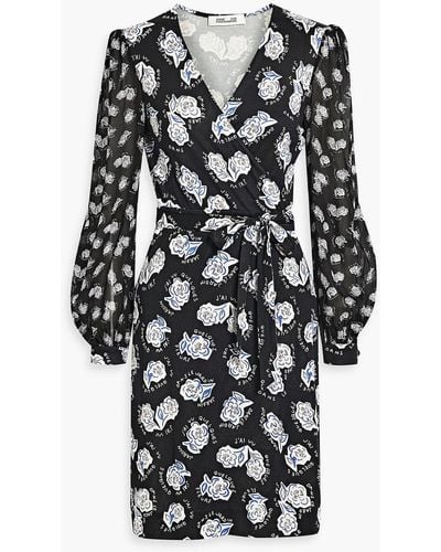 Diane von Furstenberg Gala Chiffon-paneled Printed Cady Mini Wrap Dress - Black