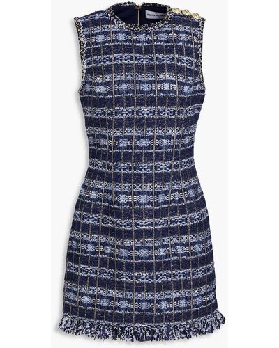 Rebecca Vallance Frayed Button-embellished Tweed Mini Dress - Blue