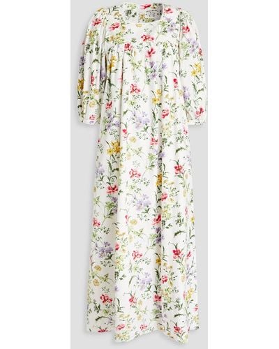 Meadows Gathered Floral-print Organic Cotton-poplin Midi Dress - White