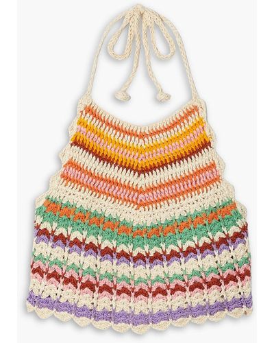 Miguelina Malen Cropped Striped Crocheted Pima Cotton Halterneck Top - White
