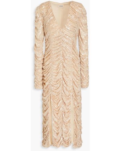 Khaite Lana Sequined Ruched Georgette Midi Dress - Natural