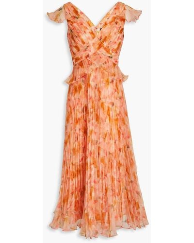 THEIA Holly Pleated Floral-print Organza Midi Dress - Orange