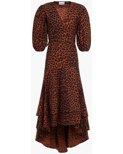 Ganni Leopard-print Organic Cotton-poplin Midi Wrap Dress - Brown