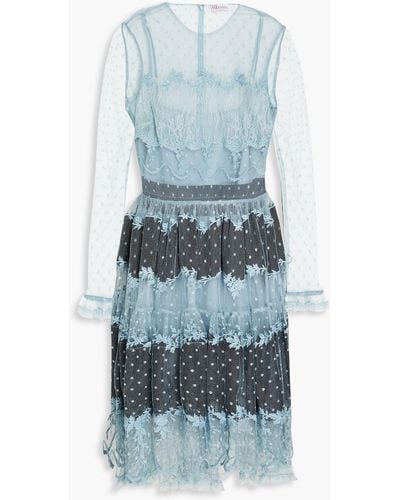 RED Valentino Tiered Embroidered Point D'espirit Mini Dress - Blue