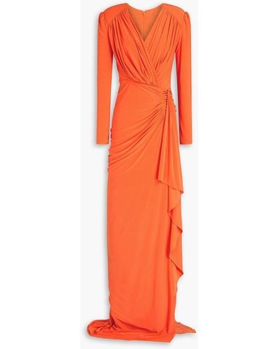 Rhea Costa Wrap-effect Draped Satin-jersey Gown - Orange