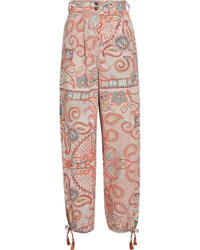 Etro Tasselled Printed Cotton-broadcloth Tapered Trousers - Orange