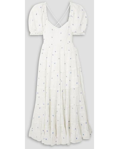 RIXO London Cannes Tiered Embroidered Cotton Maxi Dress - White