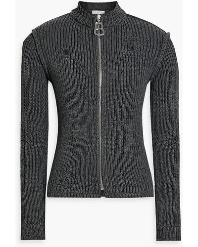 JW Anderson Distressed Ribbed Cotton-blend Zip-up Cardigan - Black