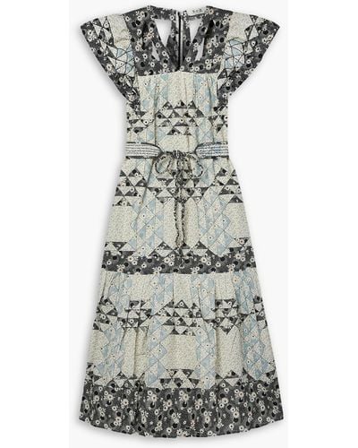 Sea Clemence Belted Cutout Patchwork Cotton-voile Midi Dress - Grey