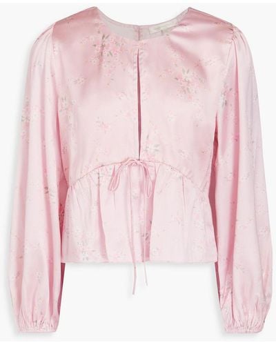 LoveShackFancy Arendelle Cutout Bow-detailed Floral-print Satin Top - Pink