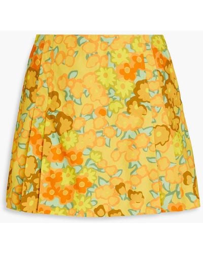Tory Burch Pleated Floral-print Cotton-poplin Shorts - Yellow