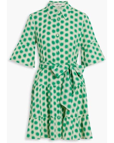 Diane von Furstenberg Beata Gathered Printed Cotton-jacquard Mini Shirt Dress - Green