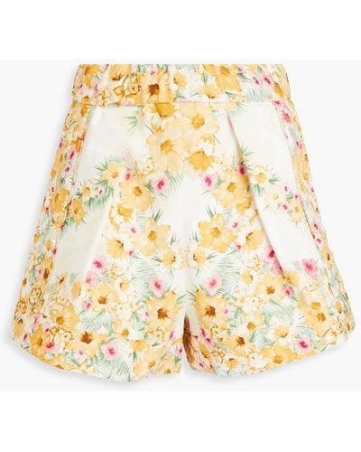 Maje Pleated Floral-print Cotton Shorts - Metallic