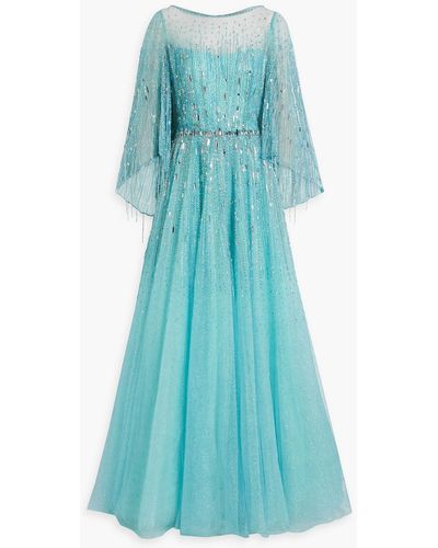 Jenny Packham Hestia Cape-effect Embellished Tulle Gown - Blue