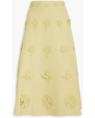 Valentino Floral-appliquéd Wool-crepe Midi Skirt - Yellow