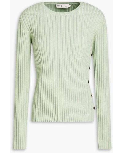 Tory Burch Metallic Ribbed Merino Wool-blend Sweater - Green