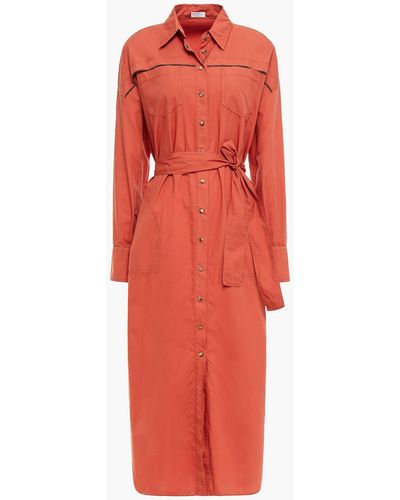 Brunello Cucinelli Belted Bead-embellished Cotton Midi Shirt Dress - Red