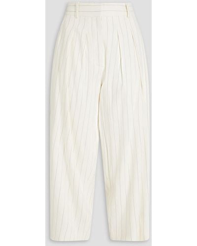 FRAME Cropped Pleated Linen-blend Tapered Trousers - White