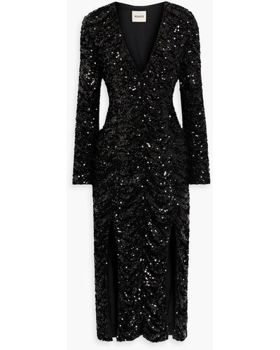 Khaite Lana Ruched Sequined Knitted Midi Dress - Black